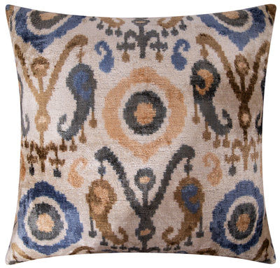 Handmade Silk Velvet Ikat Throw Pillow - 20x20, Beige, Blue, and Brown Luxury Design with Down Feather Insert