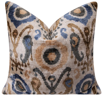 Handmade Silk Velvet Ikat Throw Pillow - 20x20, Beige, Blue, and Brown Luxury Design with Down Feather Insert