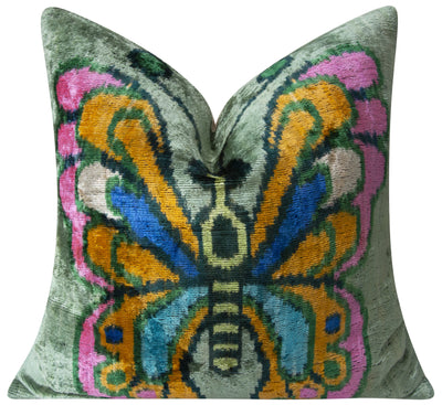 Handmade Silk Velvet Butterfly Throw Pillow - 20x20, Vibrant Green, Pink, Orange, and Blue Design with Down Feather Insert