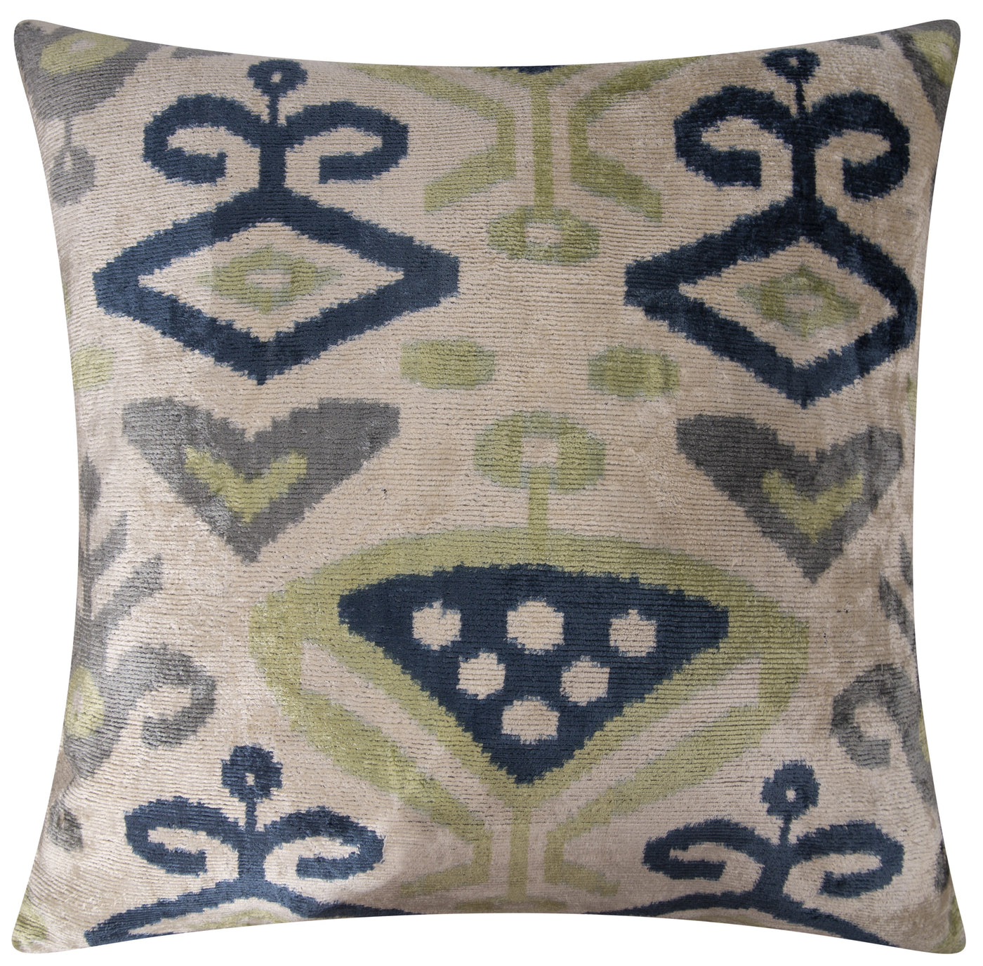 Handmade Silk Velvet Ikat Throw Pillow - 20x20, Beige, Blue, and Green Ikat Design with Down Feather Insert