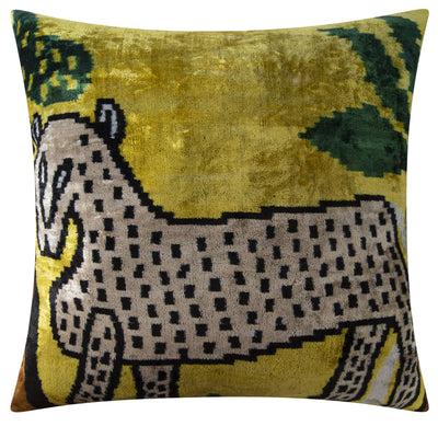 Handmade Silk Velvet Animal Design Throw Pillow - 20x20, Bold Yellow, Green, and Beige with Down Feather Insert