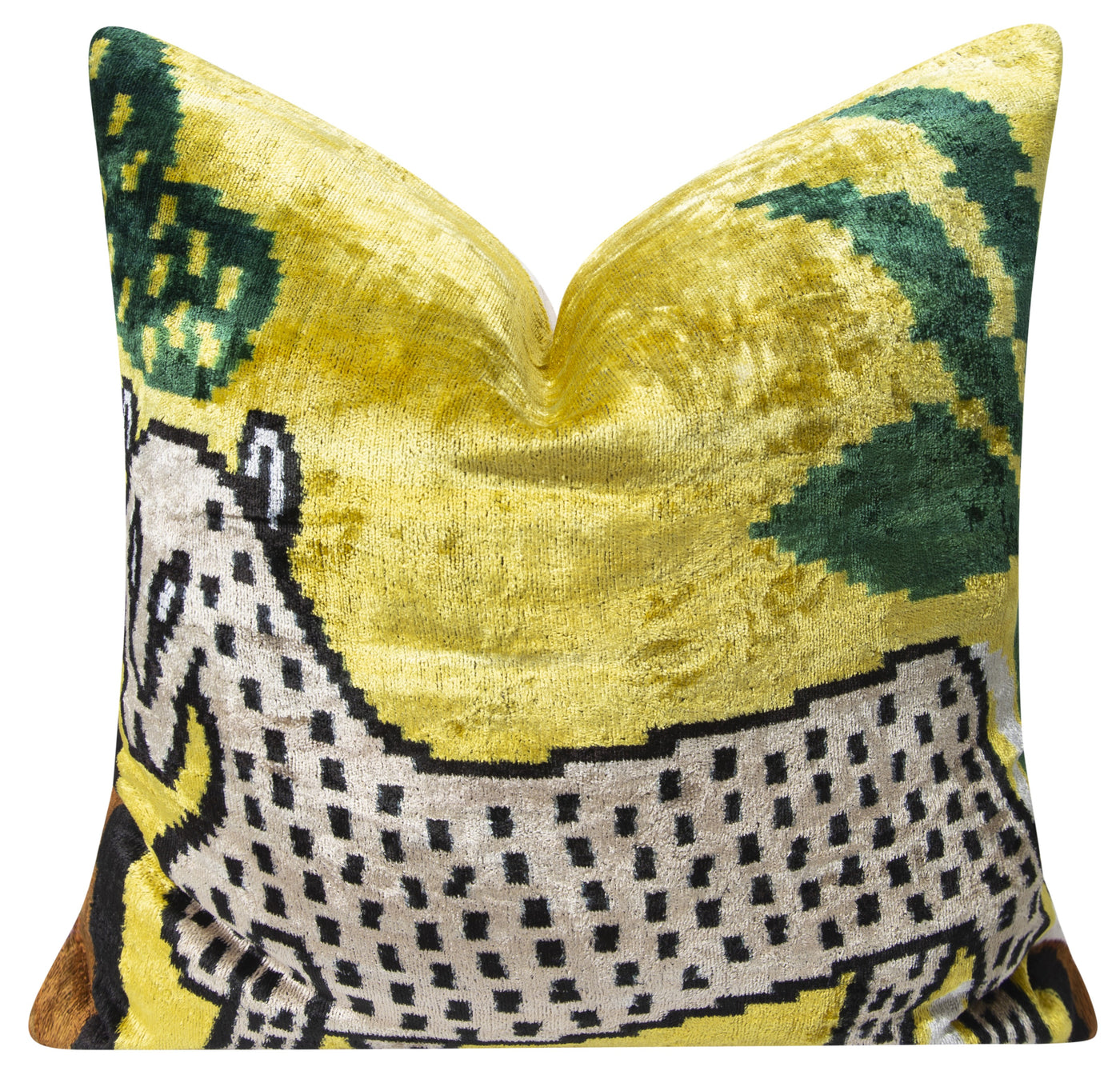 Handmade Silk Velvet Animal Design Throw Pillow - 20x20, Bold Yellow, Green, and Beige with Down Feather Insert