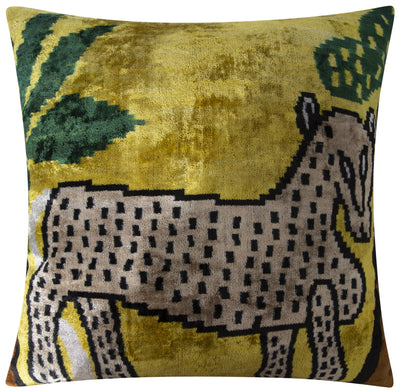 Handmade Silk Velvet Animal Motif Throw Pillow - 20x20, Vibrant Yellow with Green and Beige Design, Down Feather Insert