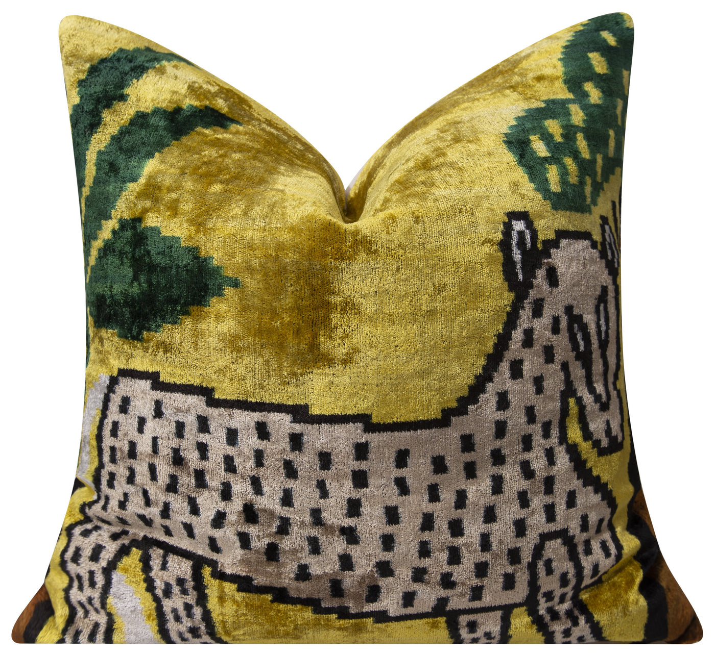 Handmade Silk Velvet Animal Motif Throw Pillow - 20x20, Vibrant Yellow with Green and Beige Design, Down Feather Insert