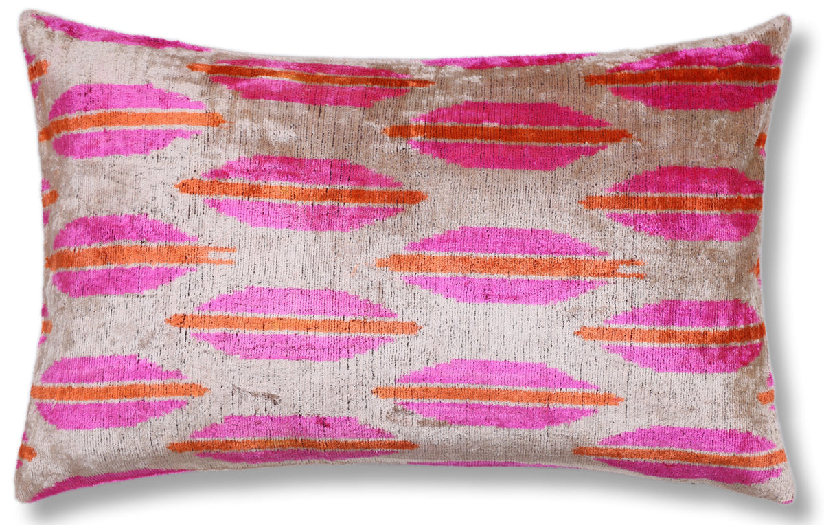 Hand-Knotted Silk Velvet Ikat Lumbar Pillow - 16x24 Fuchsia & Saffron