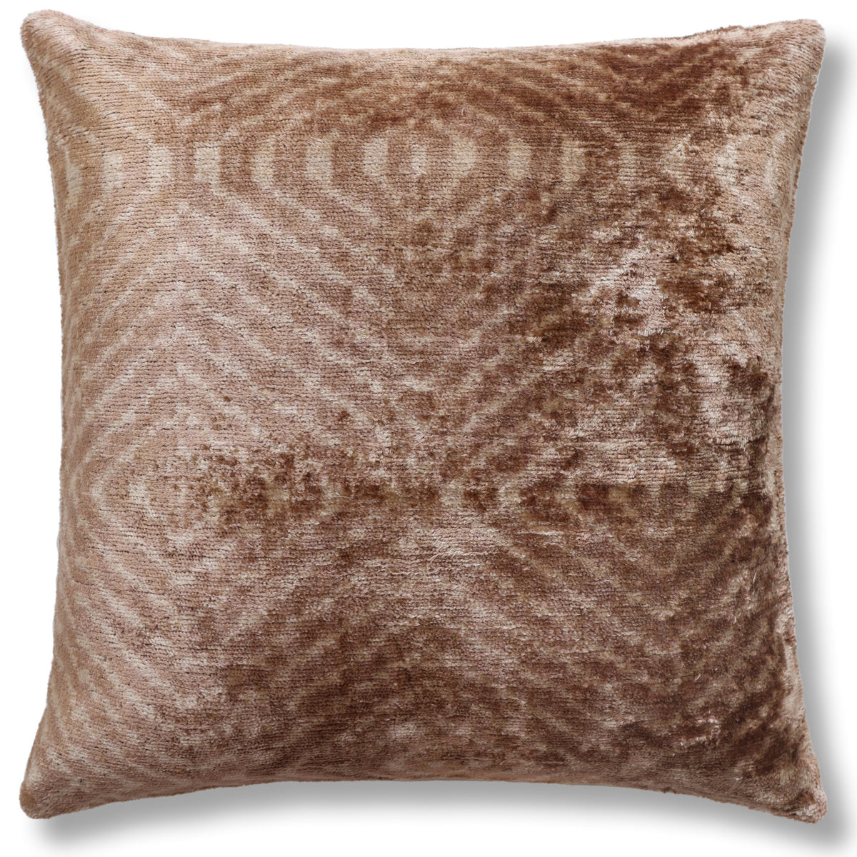 Hand-Knotted Silk Velvet Ikat Diamond Pillow - 16x16 Champagne & Toffee