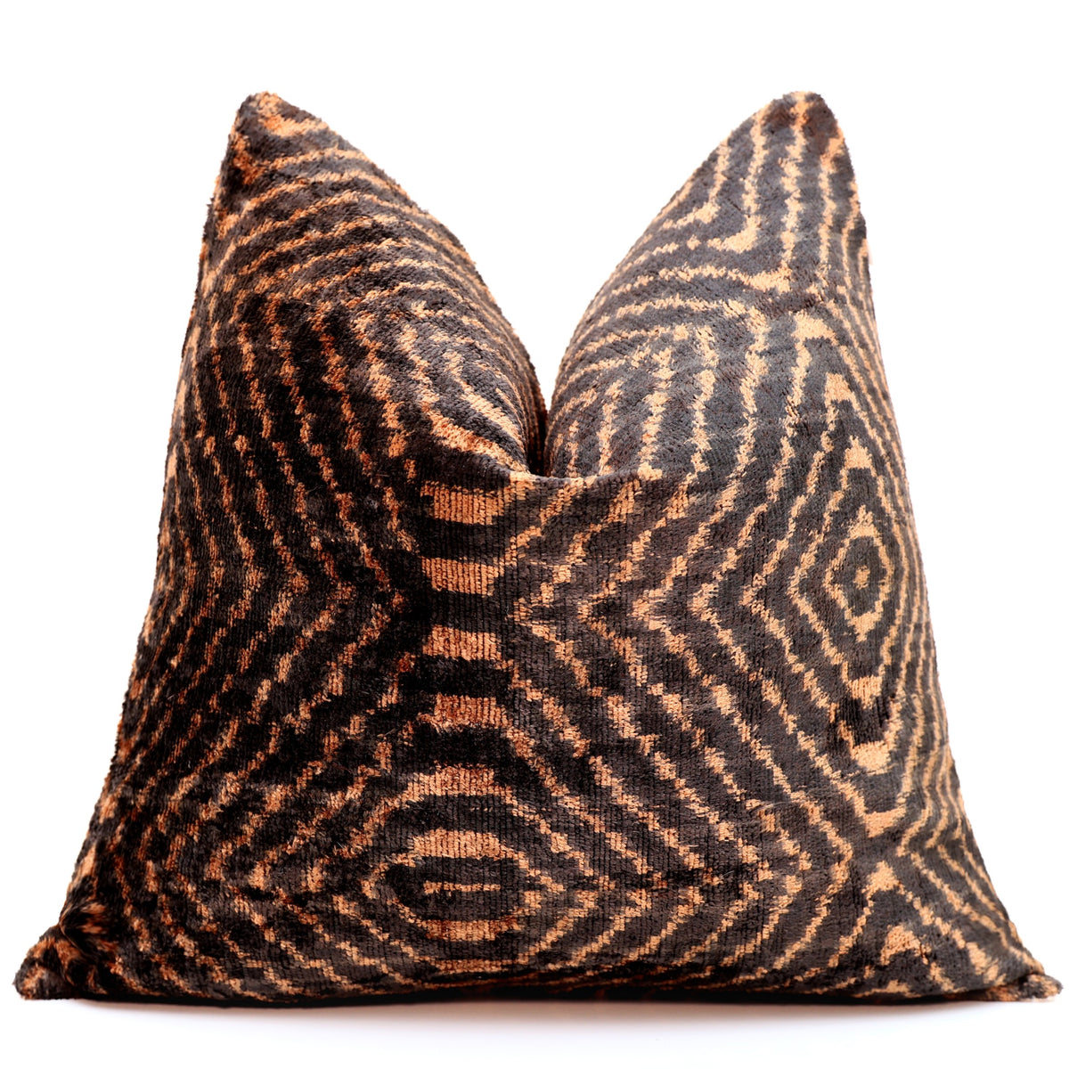 Hand-Knotted Silk Velvet Ikat Diamond Pillow - 16x16 Coffee & Bronze