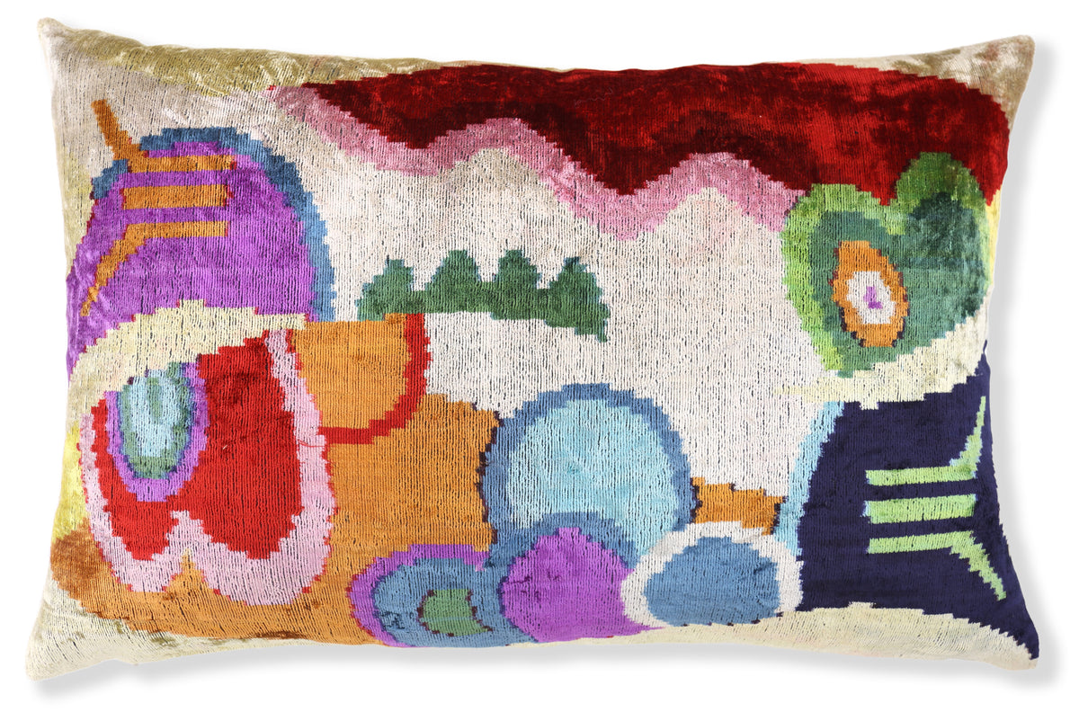 Abstract Velvet Pillow 16x24 – Multicolor Ikat, Handcrafted Luxury