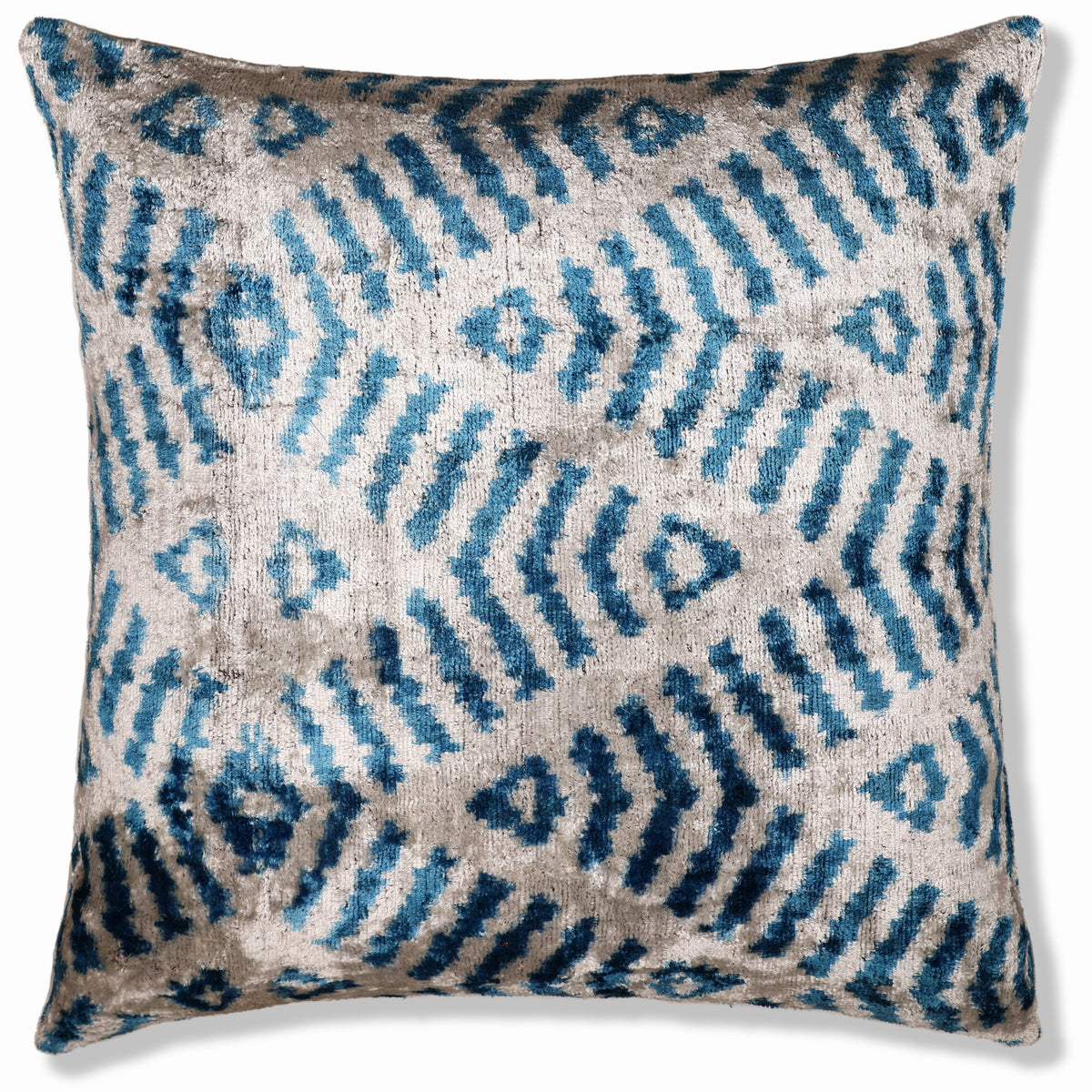 Handmade Blue Ikat Silk Velvet Pillow 20x20 | Designer Accent Cushion
