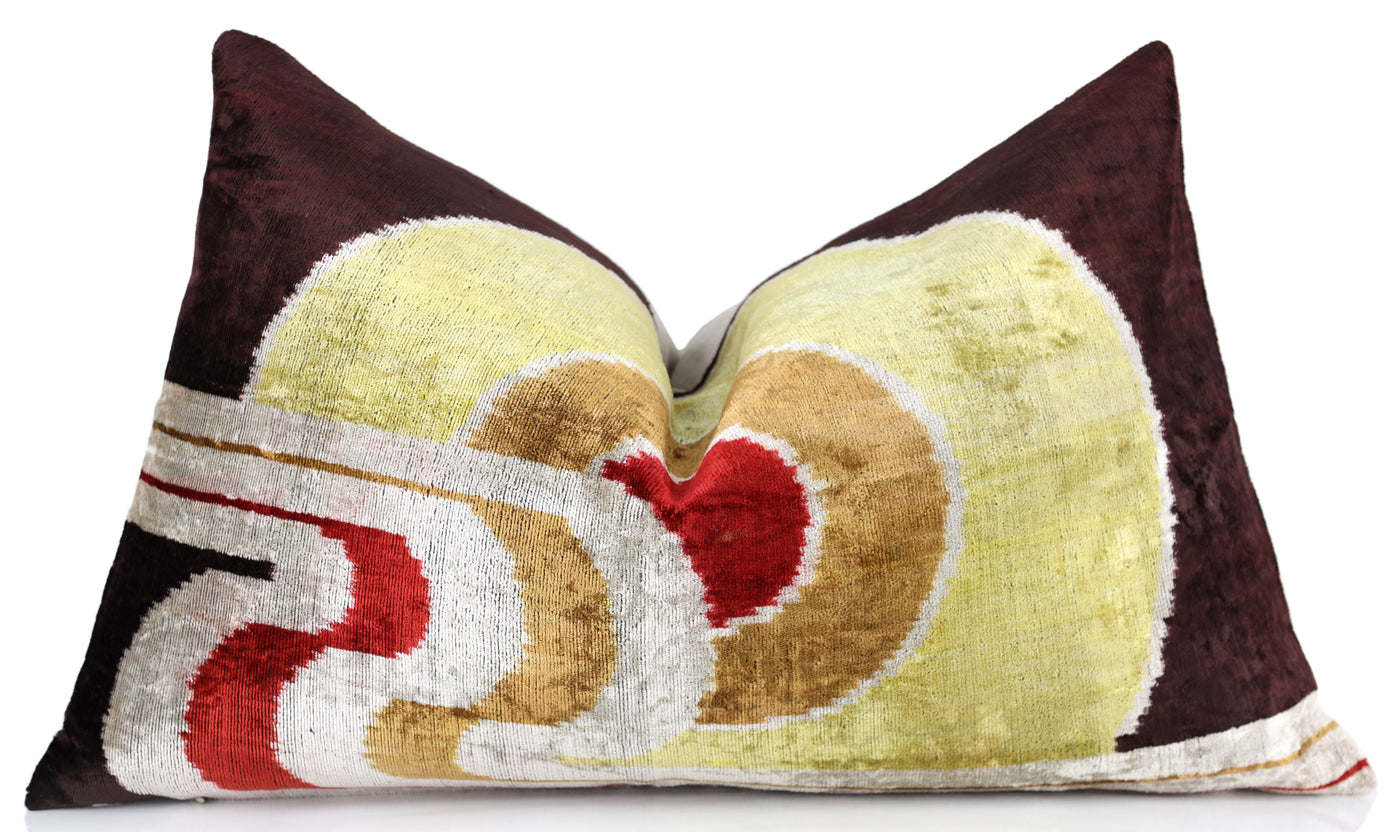 Retro Circle Silk Velvet Pillow 16x24 – Gold, Red & Maroon Luxe
