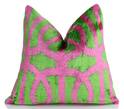Handmade 16x16 Velvet Pillow – Pink & Green Geometric Design
