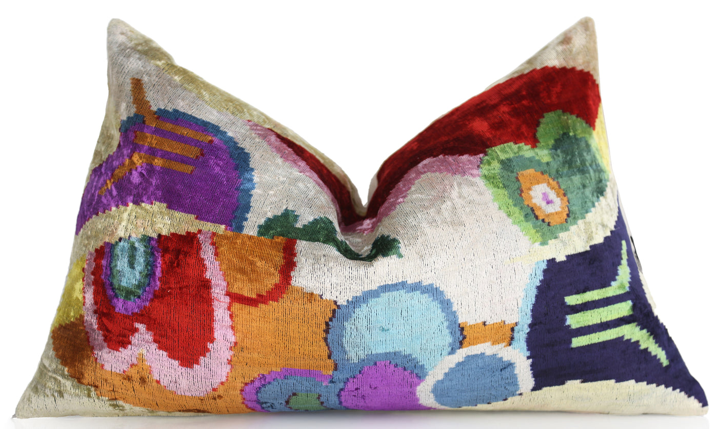 Abstract Velvet Pillow 16x24 – Multicolor Ikat, Handcrafted Luxury