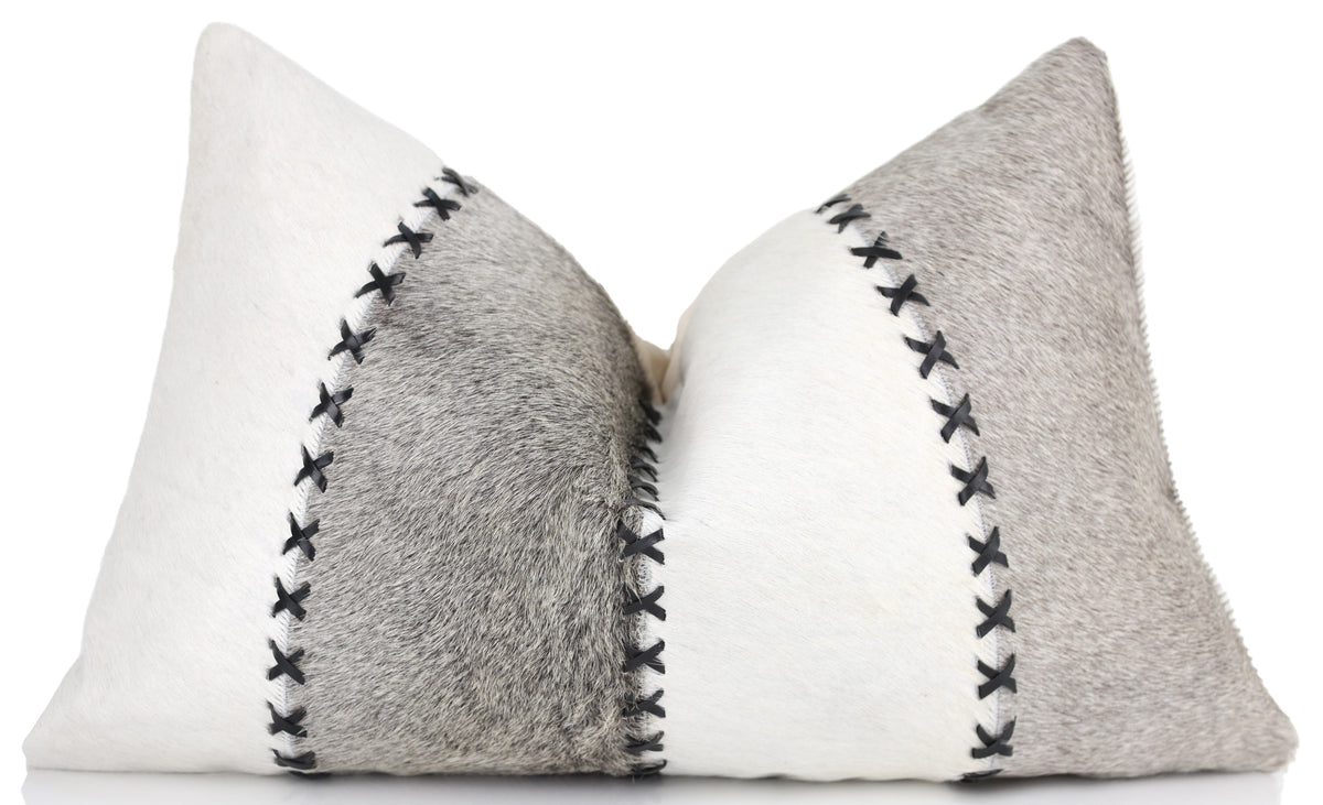 Luxury Genuine Cowhide Leather Throw Pillow with Hand-Laced Stitching 16x24 | Handmade Designer Lumbar Cushion