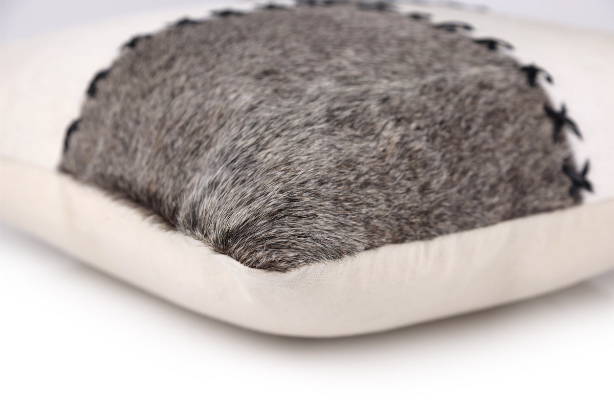 Luxury White & Gray Genuine Cowhide Leather Patchwork Throw Pillow 16x24 | Handmade Designer Lumbar Cushion