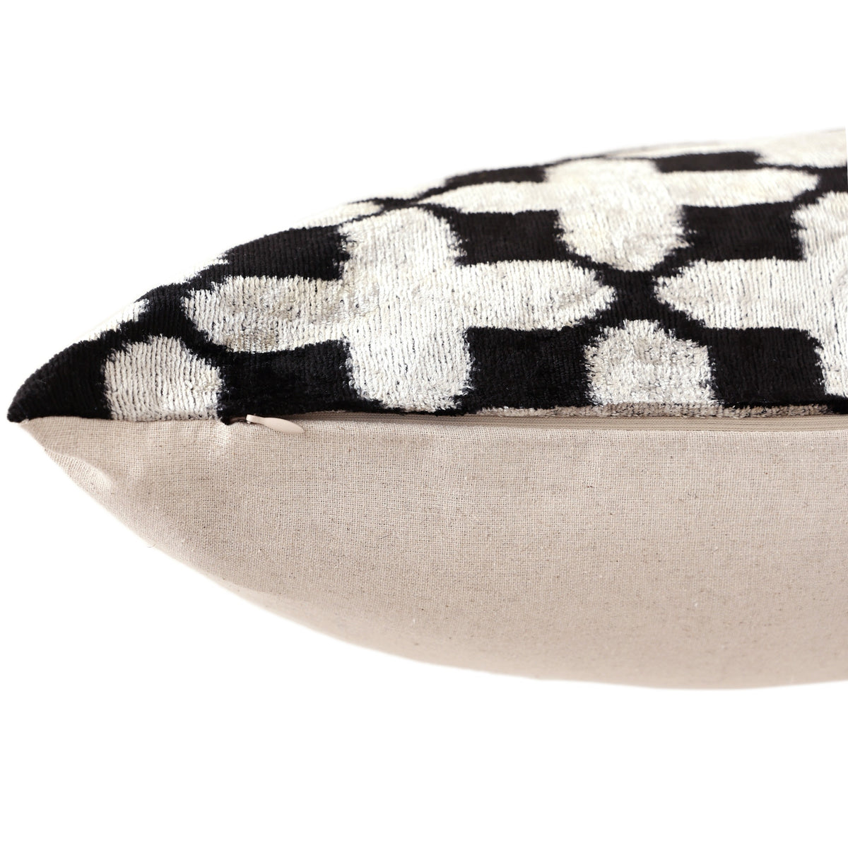 Handmade Velvet Ikat Lumbar Pillow 16x24 | Black & Ivory Geometric