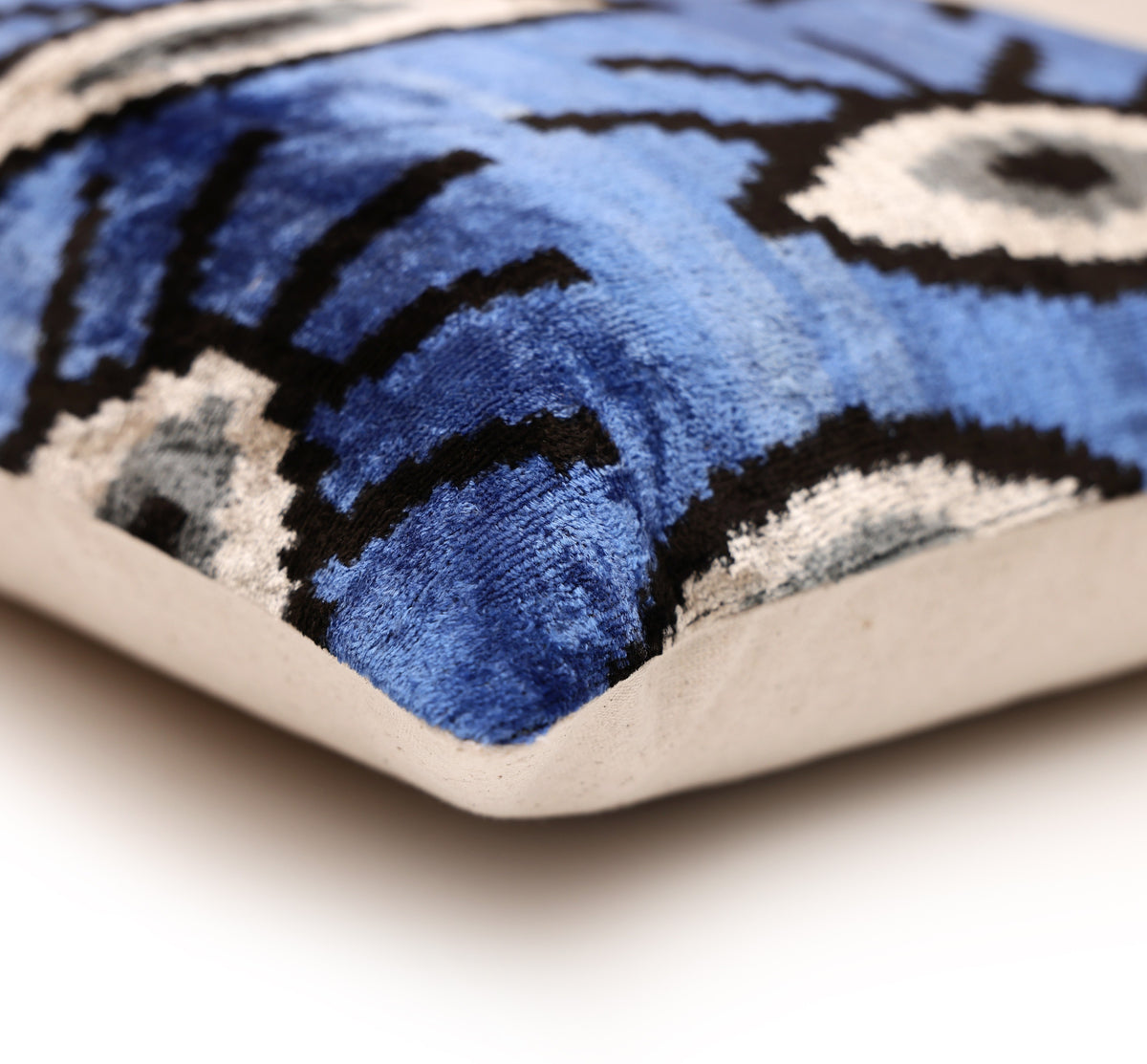 Handmade Blue Ikat Velvet Lumbar Pillow 16x24 | Sapphire & Black Abstract