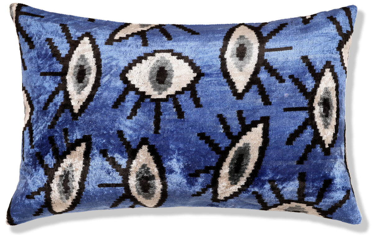 Handmade Blue Ikat Velvet Lumbar Pillow 16x24 | Sapphire & Black Abstract