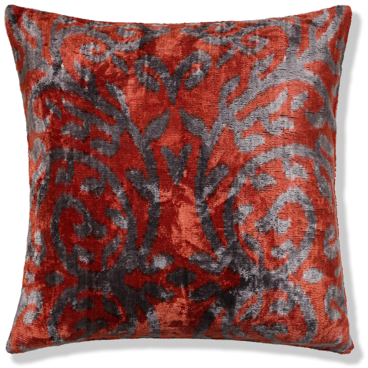 Hand-Knotted Silk Velvet Ikat Pillow - 16x16 Midnight & Silver Wave