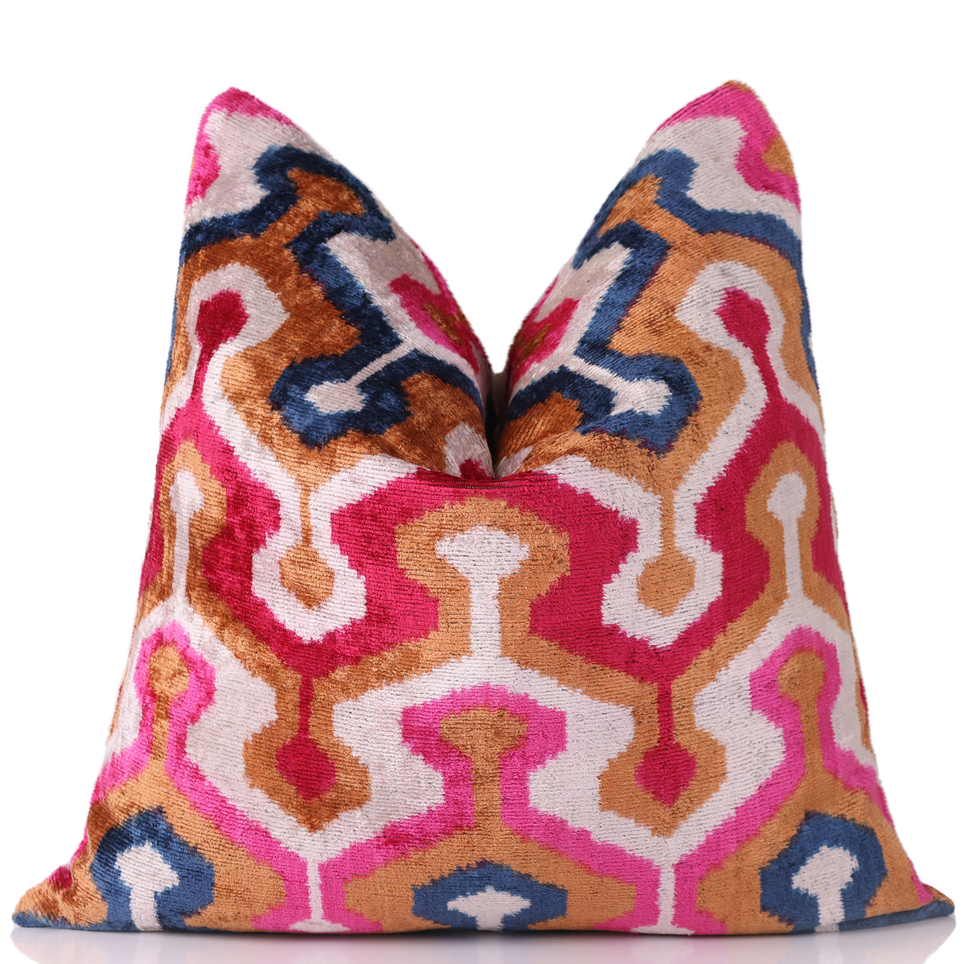 Handmade Geometric Velvet Pillow – 20x20" Pink & Gold Silk Cushion