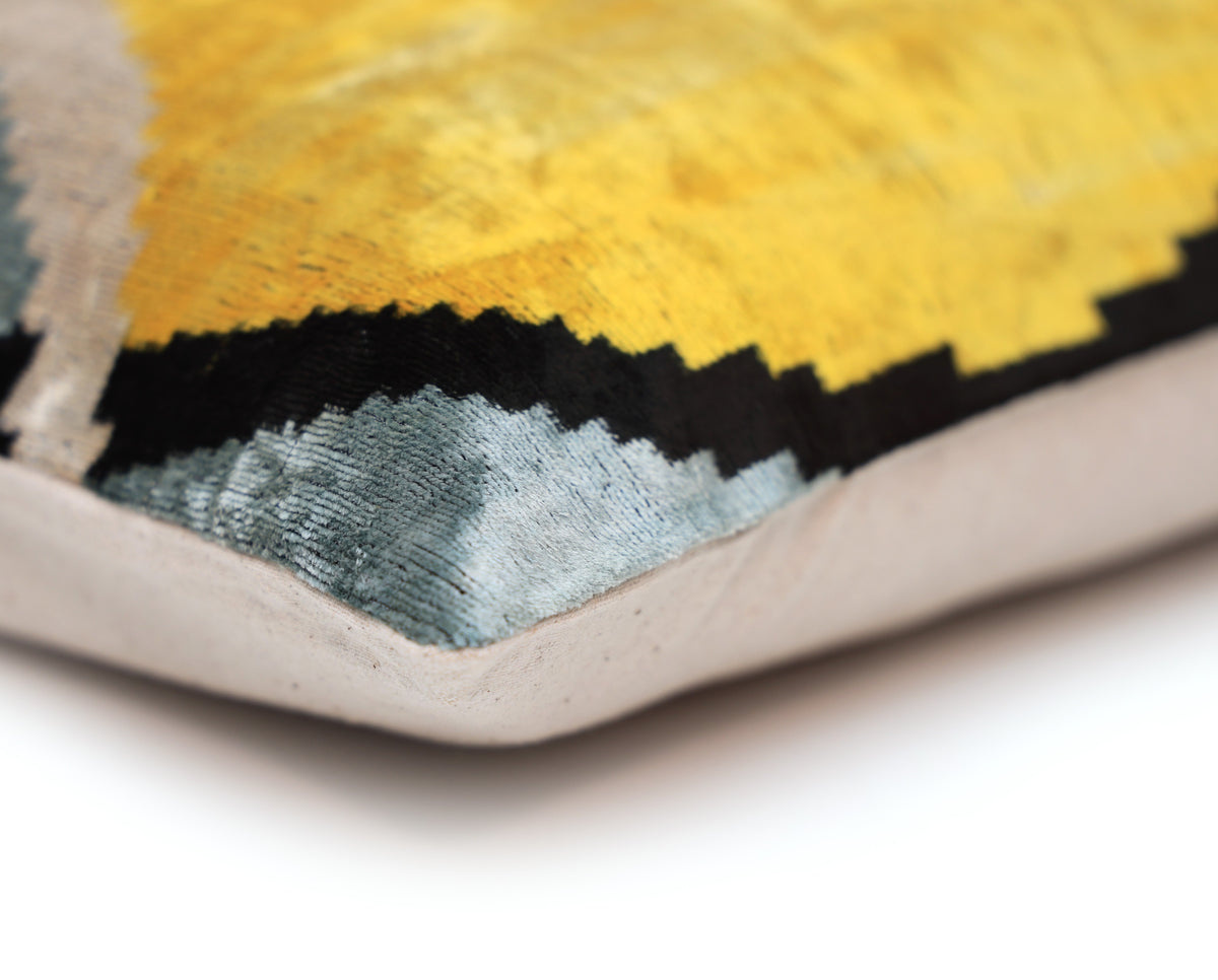 Yellow Abstract Ikat Velvet Lumbar Pillow 16x24 | Handmade Luxury Accent