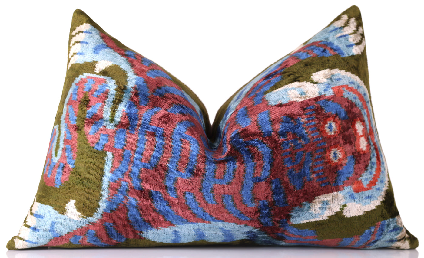 Handmade Silk Velvet Tiger Pillow – 16x24" Luxury Ikat Accent