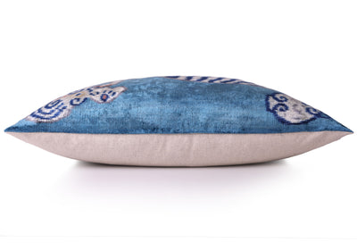 Handmade Blue Velvet Tiger Pillow – 16x24" Silk Accent Cushion