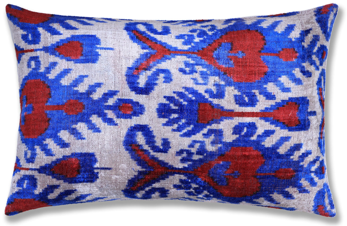 Blue Red Ikat Velvet Lumbar Pillow 16x24 | Handmade Luxury Accent