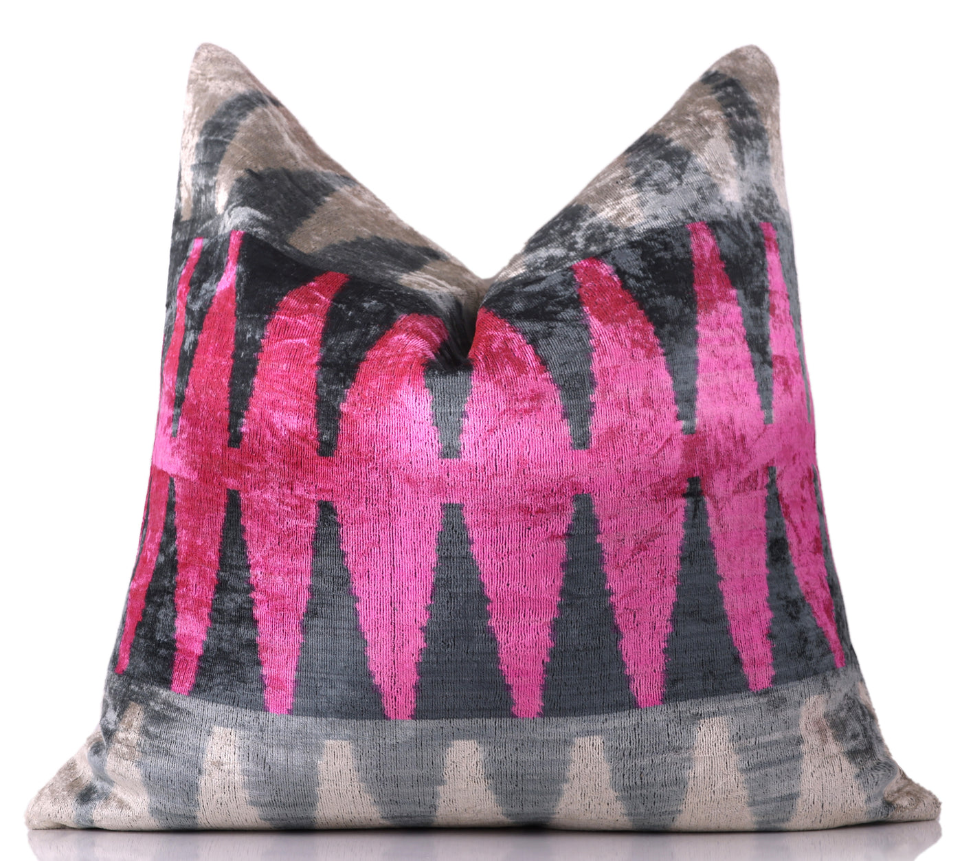 Handmade Velvet Zigzag Pillow – 24x24" Magenta & Gray Silk Cushion