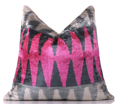 Handmade Velvet Zigzag Pillow – 24x24" Magenta & Gray Silk Cushion