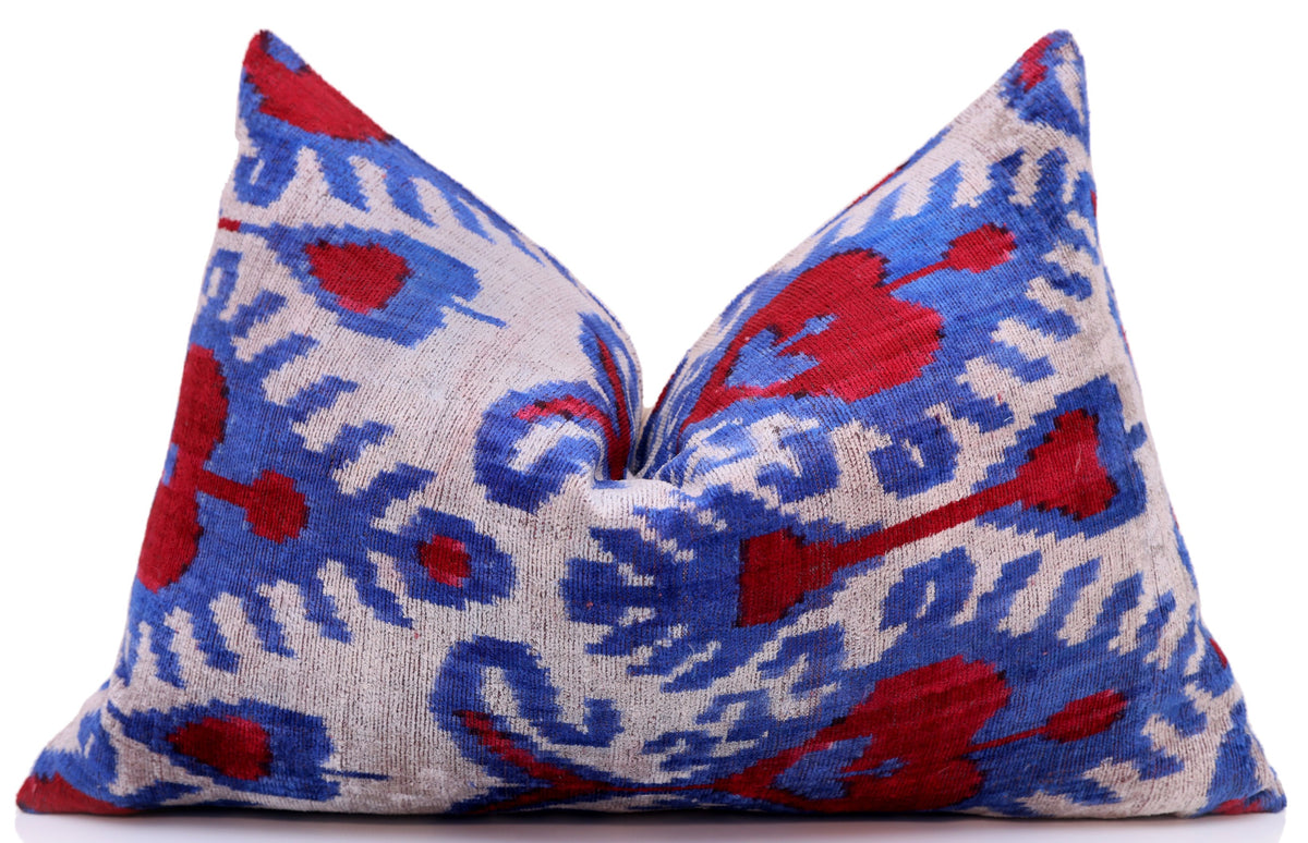 Blue Red Ikat Velvet Lumbar Pillow 16x24 | Handmade Luxury Accent