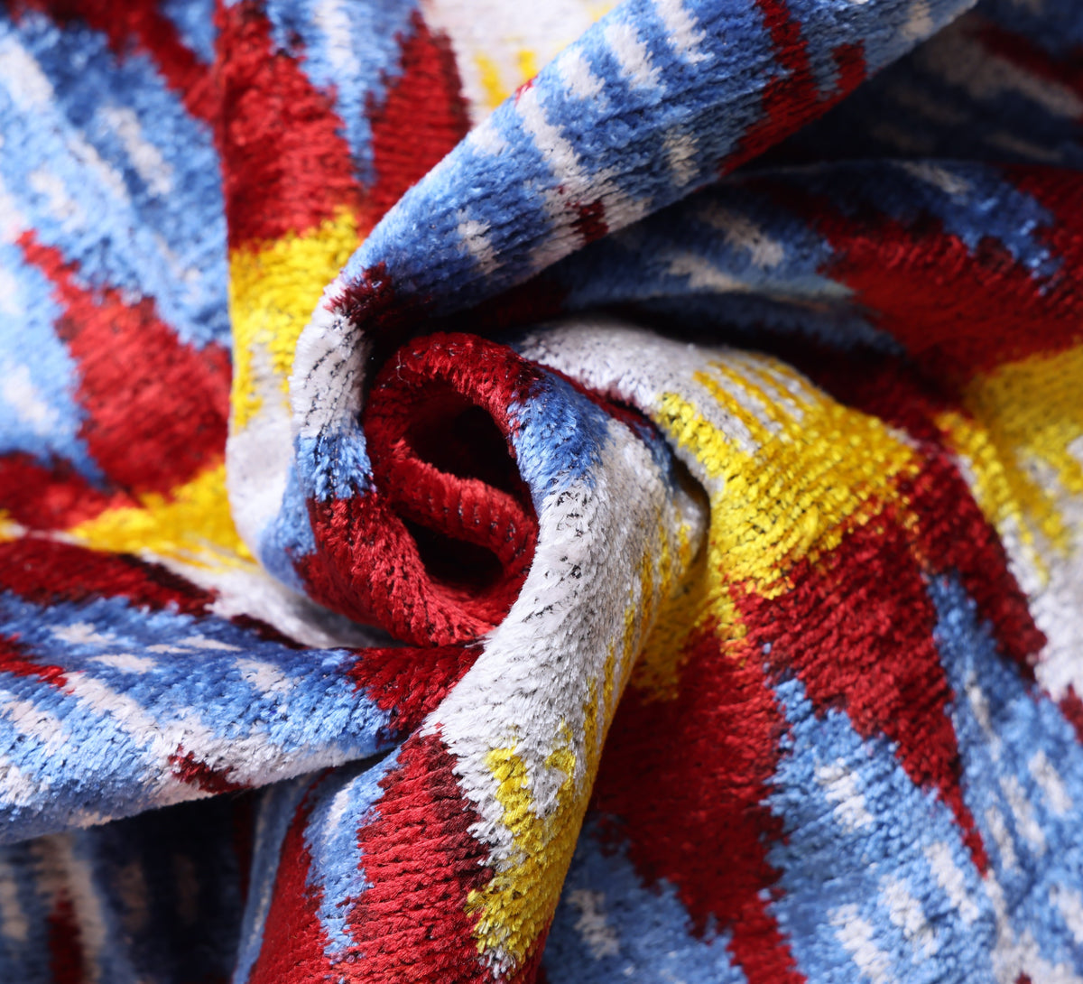 Hand-Knotted Silk Ikat Lumbar Pillow - 16x24 Red & Blue Velvet Accent