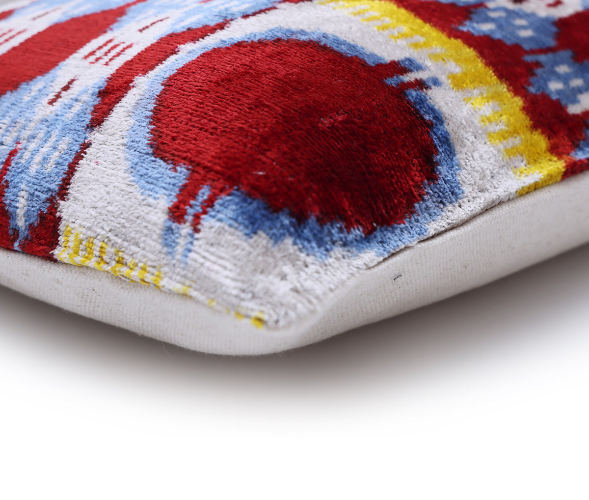 Hand-Knotted Silk Ikat Lumbar Pillow - 16x24 Red & Blue Velvet Accent
