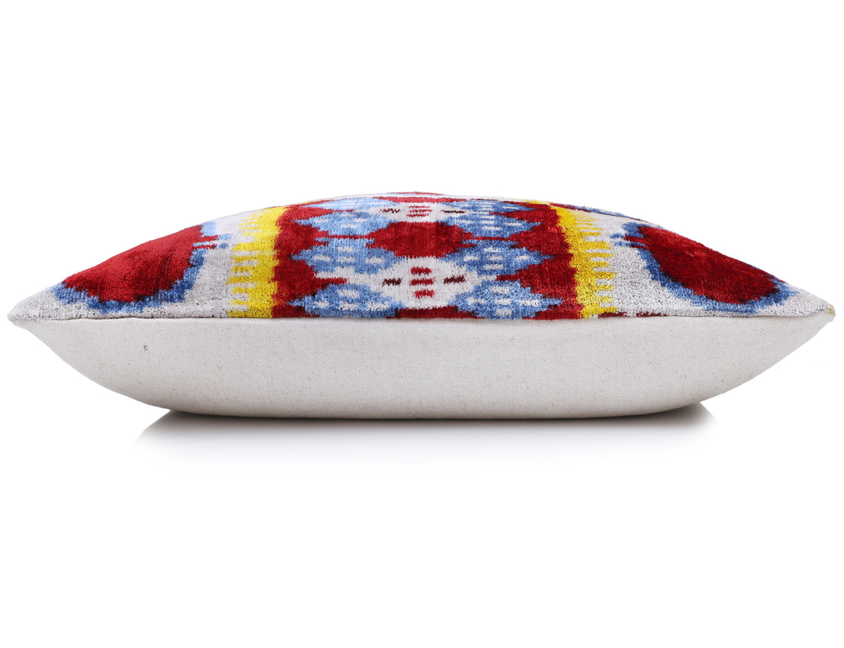 Hand-Knotted Silk Ikat Lumbar Pillow - 16x24 Red & Blue Velvet Accent