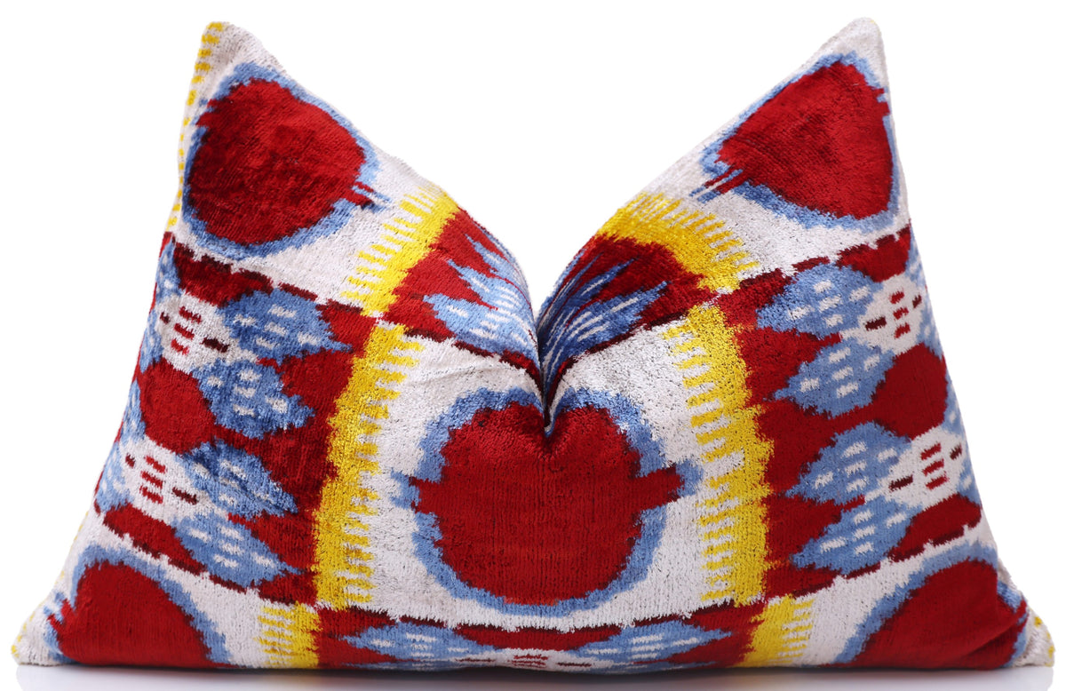 Hand-Knotted Silk Ikat Lumbar Pillow - 16x24 Red & Blue Velvet Accent