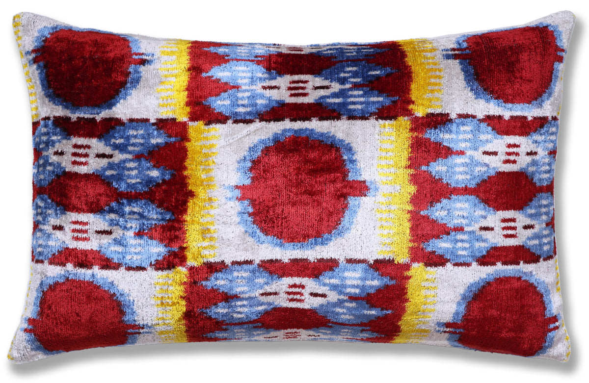 Hand-Knotted Silk Ikat Lumbar Pillow - 16x24 Red & Blue Velvet Accent