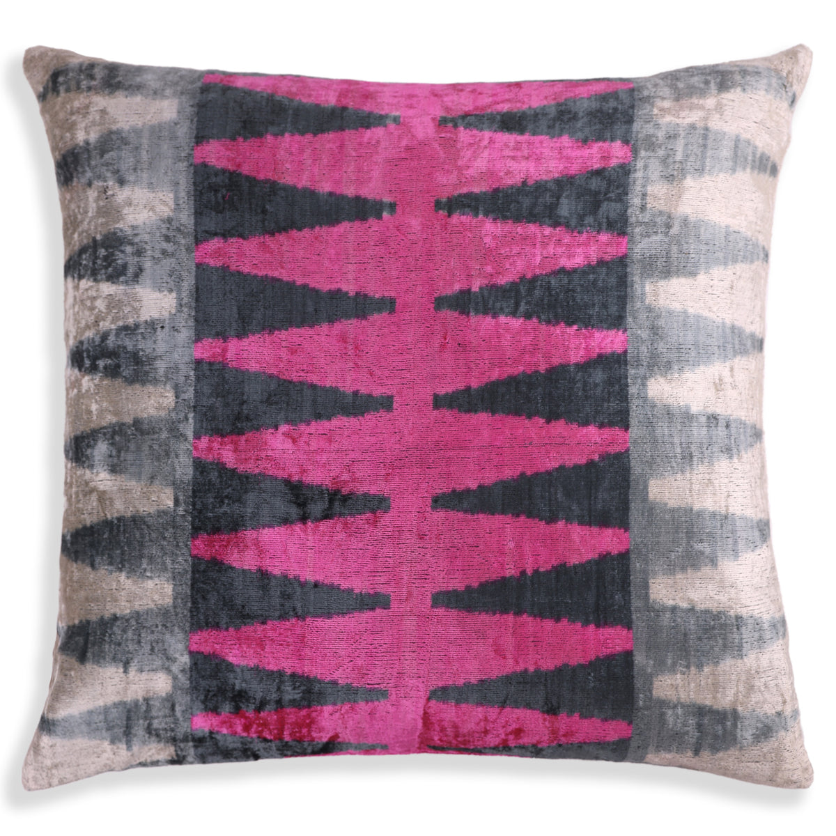Handmade Velvet Zigzag Pillow – 24x24" Magenta & Gray Silk Cushion