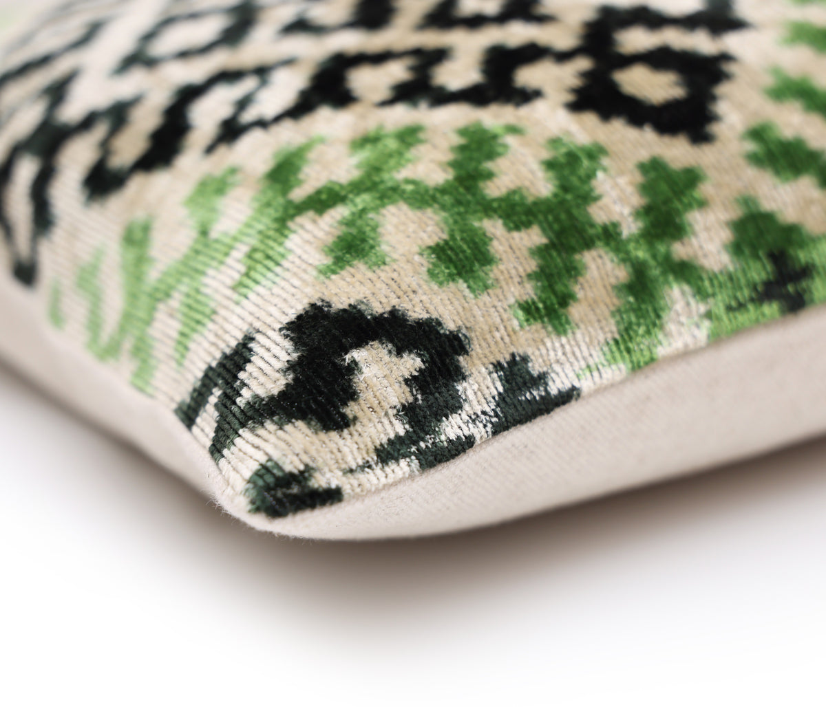 Hand-Knotted Silk Velvet Ikat Lumbar Pillow - 16x24 Moss & Forest Green