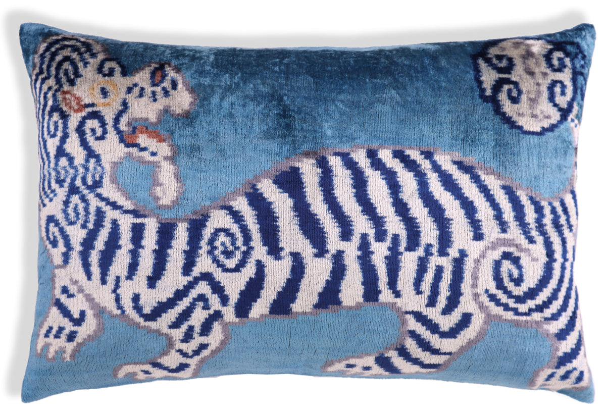 Handmade Blue Velvet Tiger Pillow – 16x24" Silk Accent Cushion