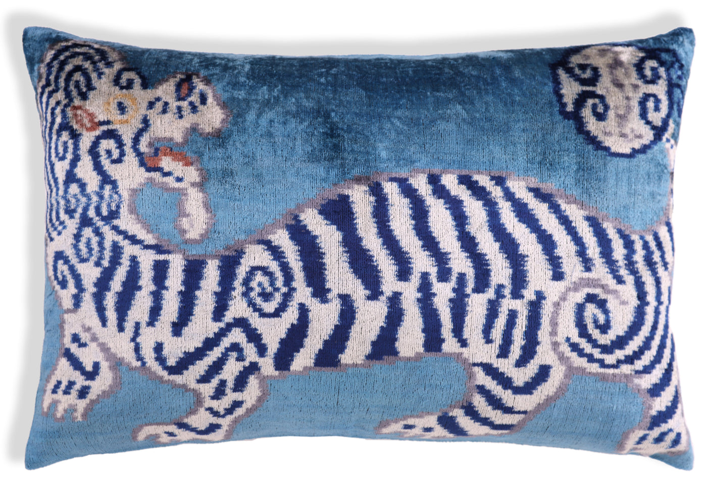 Handmade Blue Velvet Tiger Pillow – 16x24" Silk Accent Cushion