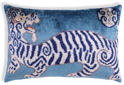 Handmade Blue Velvet Tiger Pillow – 16x24" Silk Accent Cushion