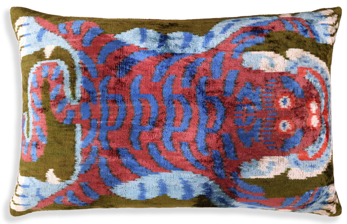 Handmade Silk Velvet Tiger Pillow – 16x24" Luxury Ikat Accent