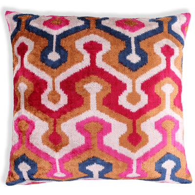 Handmade Geometric Velvet Pillow – 20x20" Pink & Gold Silk Cushion
