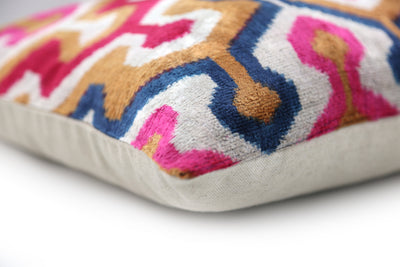 Handmade Geometric Velvet Pillow – 20x20" Pink & Gold Silk Cushion