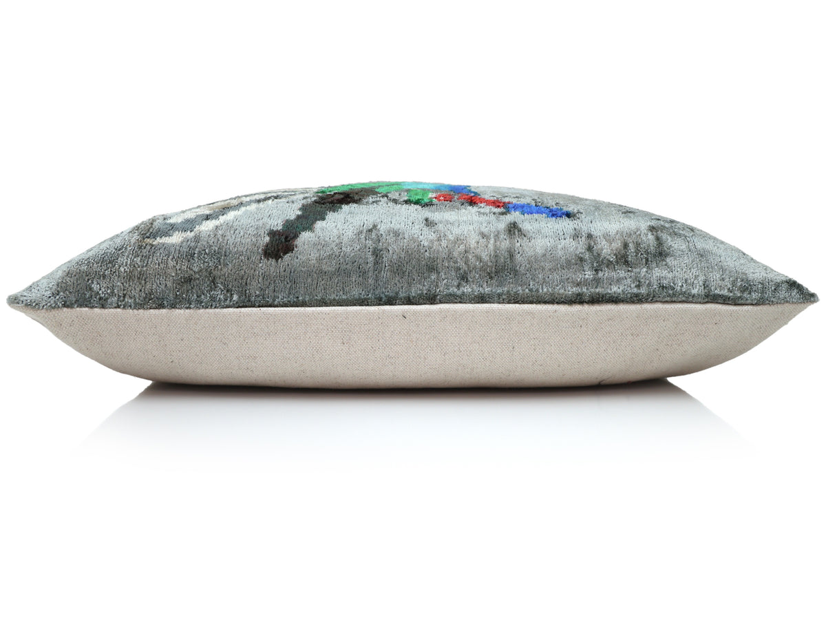 Hand-Knotted Silk Velvet Hummingbird Ikat Lumbar Pillow - 16x24 Silver Grey
