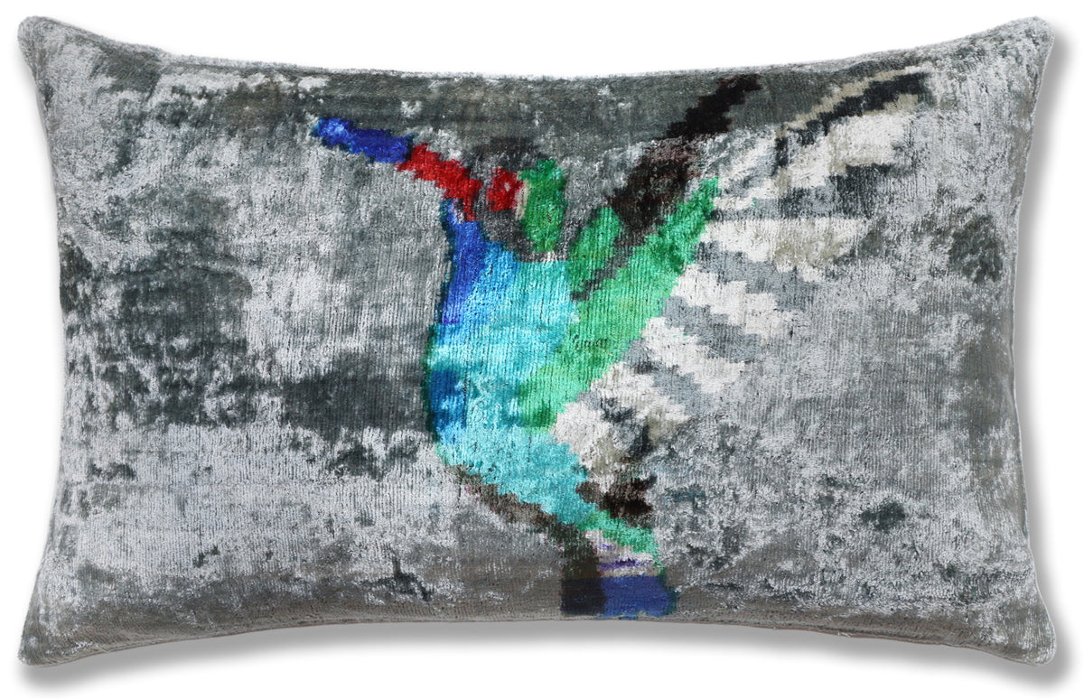 Hand-Knotted Silk Velvet Hummingbird Ikat Lumbar Pillow - 16x24 Silver Grey