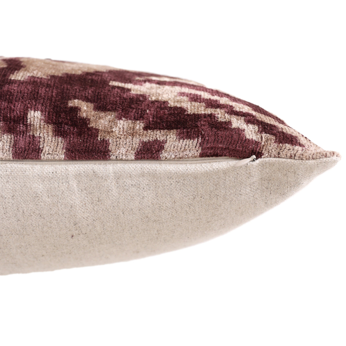 Hand-Knotted Silk Velvet Ikat Lumbar Pillow - 16x24 Plum & Champagne