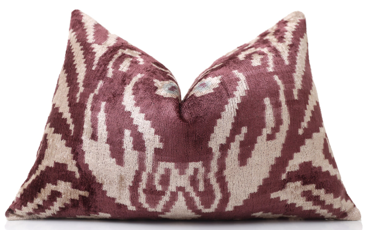 Hand-Knotted Silk Velvet Ikat Lumbar Pillow - 16x24 Plum & Champagne