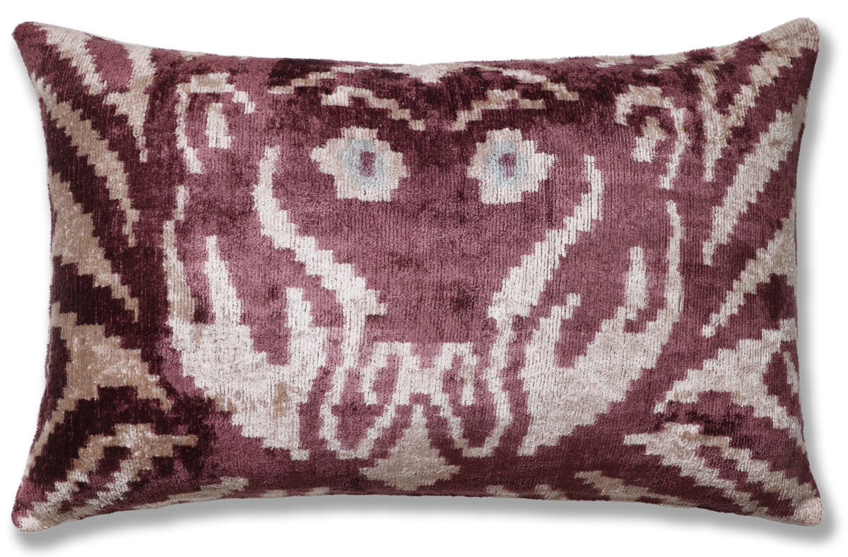 Hand-Knotted Silk Velvet Ikat Lumbar Pillow - 16x24 Plum & Champagne