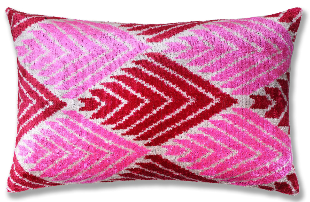 Hand-Knotted Silk Velvet Ikat Lumbar Pillow - 16x24 Fuchsia & Raspberry