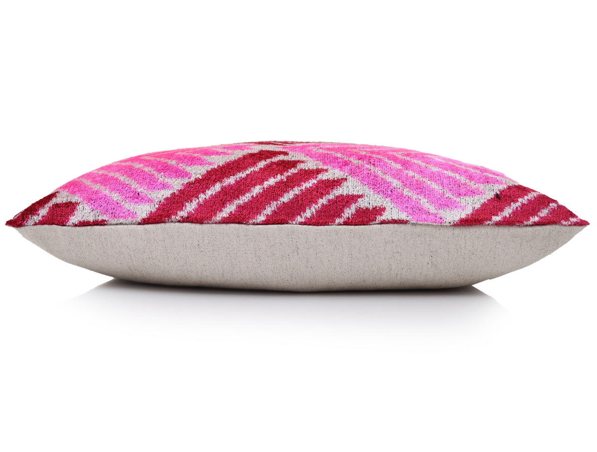 Hand-Knotted Silk Velvet Ikat Lumbar Pillow - 16x24 Fuchsia & Raspberry